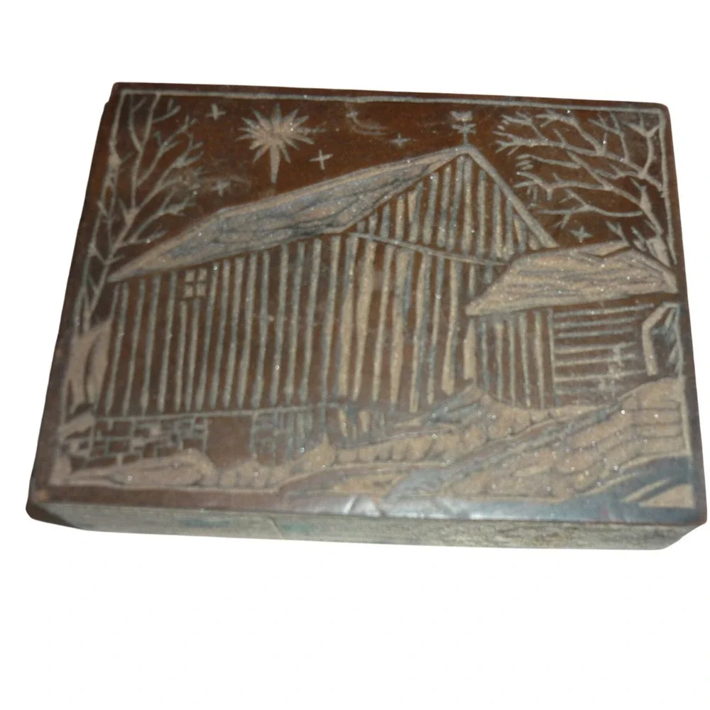 Vintage Wood Hand Carved Printing Block Rustic Barn Star of Bethlehem‎ Christmas